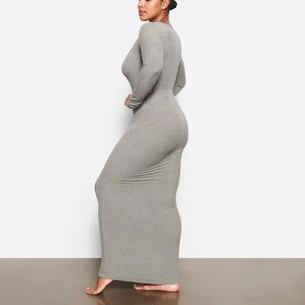 Skims Soft Lounge Long Sleeve Dress Maxi Gray Size Small